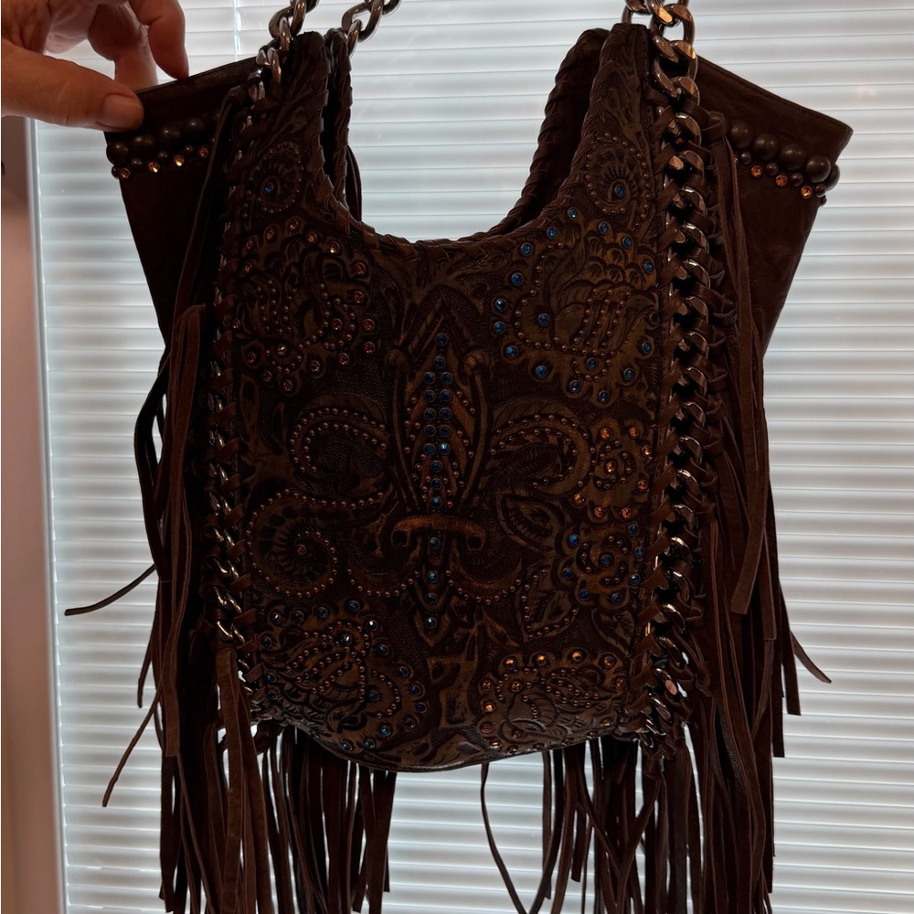 Kippy’s authentic - Fringe Embossed Fleur de lis  leather Shoulder Bag - Picture 9 of 9